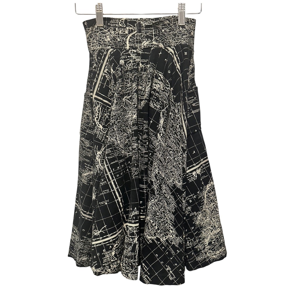Effie's Heart Skirt Women XS Black Map Print A-Line Midi Pockets Excellent - Picture 3 of 10